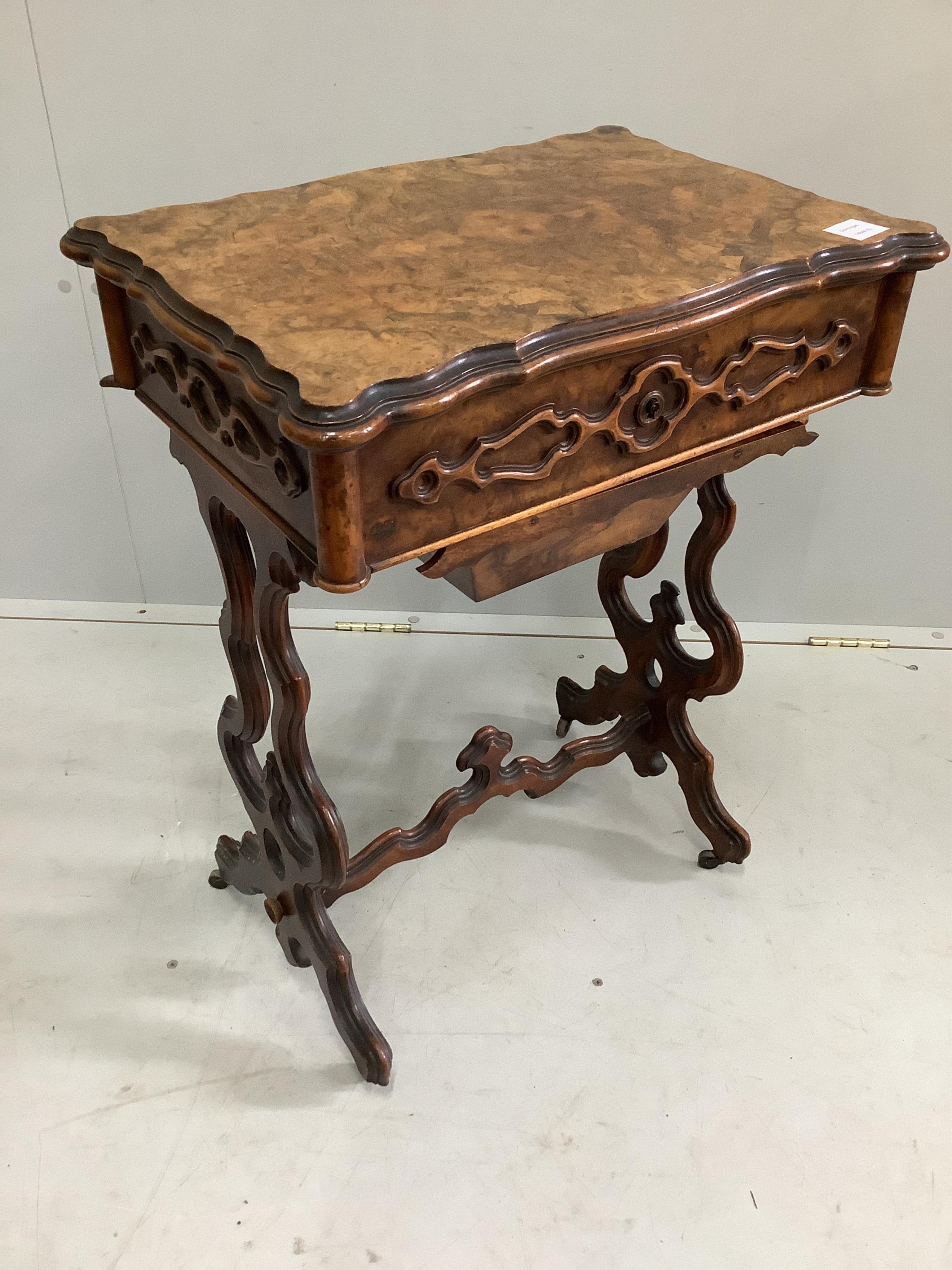 A 19th century French burr walnut work table, width 54cm, depth 39cm, height 72cm. Condition - fair